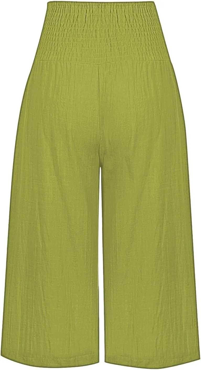 Capri Pants for Women Wide Leg Linen Palazzo Trousers Pull On Smock Elastic Waist Shorts Summer Flowy Beach Pants