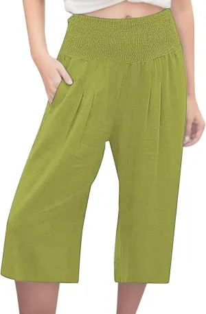 Capri Pants for Women Wide Leg Linen Palazzo Trousers Pull On Smock Elastic Waist Shorts Summer Flowy Beach Pants