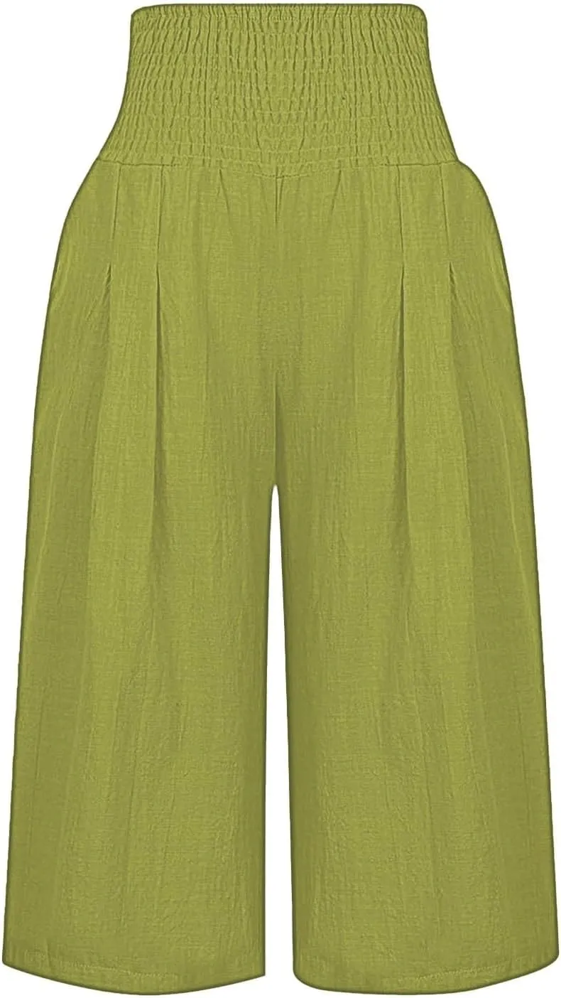 Capri Pants for Women Wide Leg Linen Palazzo Trousers Pull On Smock Elastic Waist Shorts Summer Flowy Beach Pants