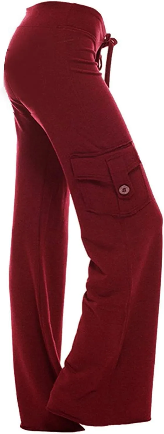 Cargo Yoga Pants for Women High Waist Stretch Flare Trousers Drawstring Waist Workout Sweatpants with Side Pockets