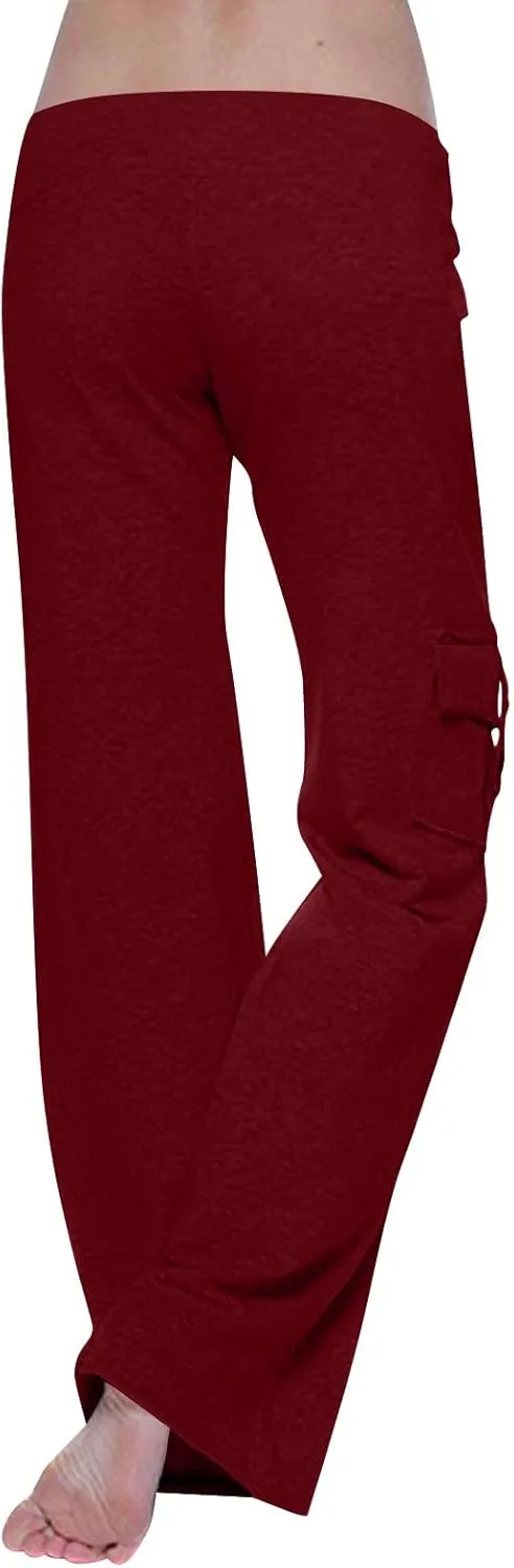 Cargo Yoga Pants for Women High Waist Stretch Flare Trousers Drawstring Waist Workout Sweatpants with Side Pockets