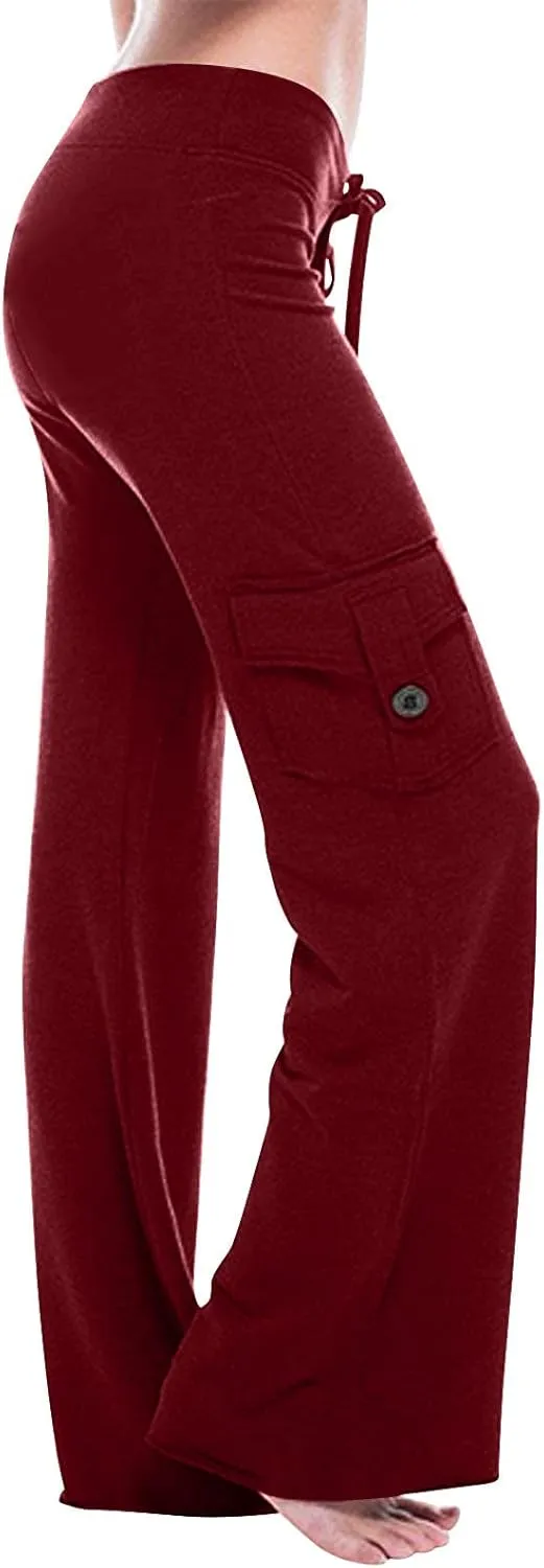 Cargo Yoga Pants for Women High Waist Stretch Flare Trousers Drawstring Waist Workout Sweatpants with Side Pockets