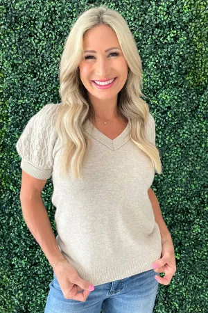 Cashmere Blend Cable Knit Puff Sleeve Top
