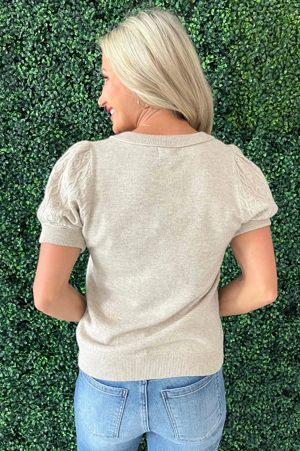 Cashmere Blend Cable Knit Puff Sleeve Top