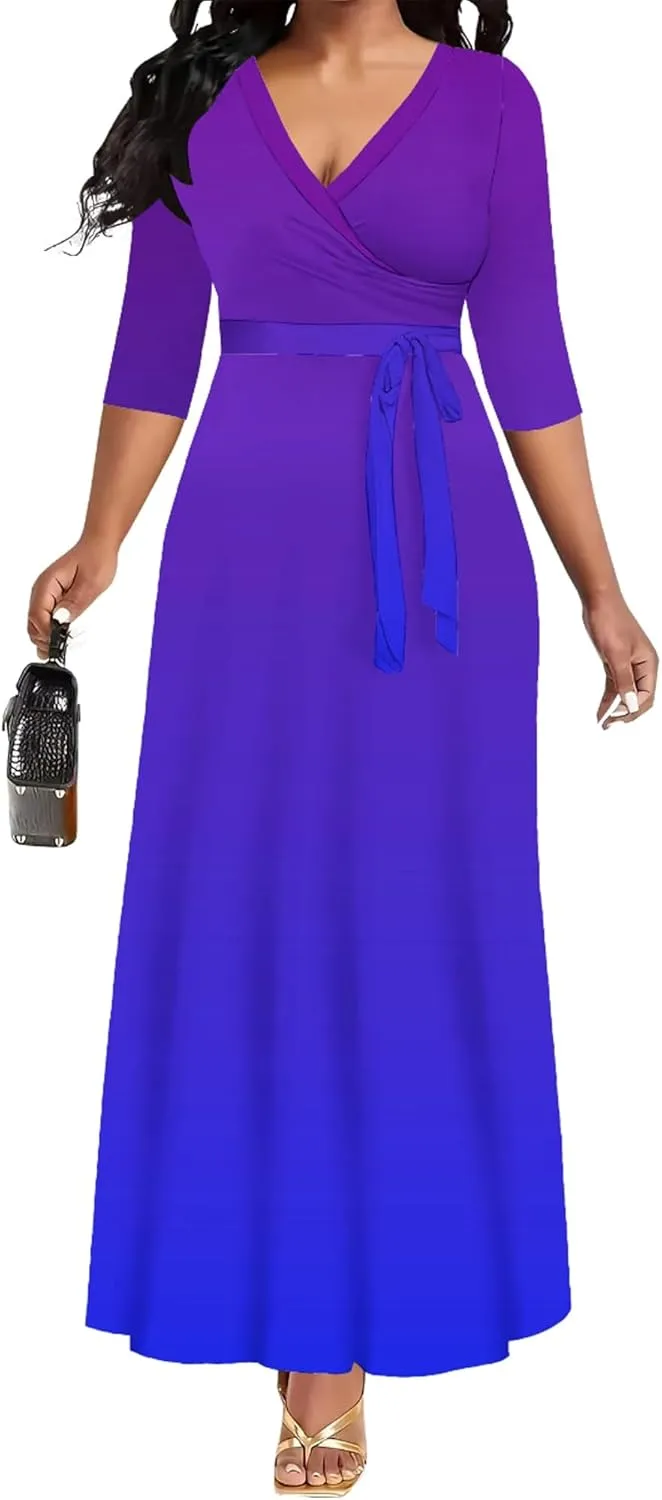 Casual Maxi Dresses for Women 2024 V Neck Plus Size A Line Flowy Dress Trendy 3/4 Sleeve Printed Beach Floral Summer Sundress