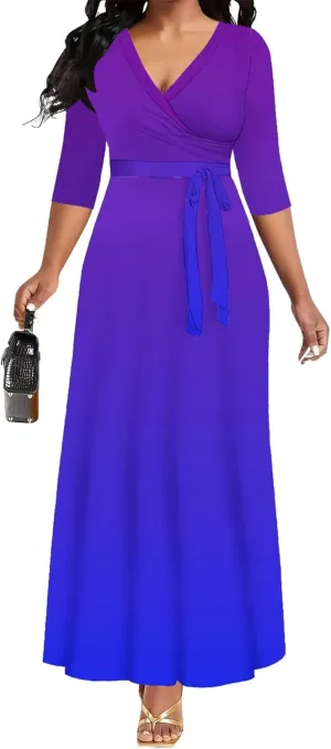 Casual Maxi Dresses for Women 2024 V Neck Plus Size A Line Flowy Dress Trendy 3/4 Sleeve Printed Beach Floral Summer Sundress