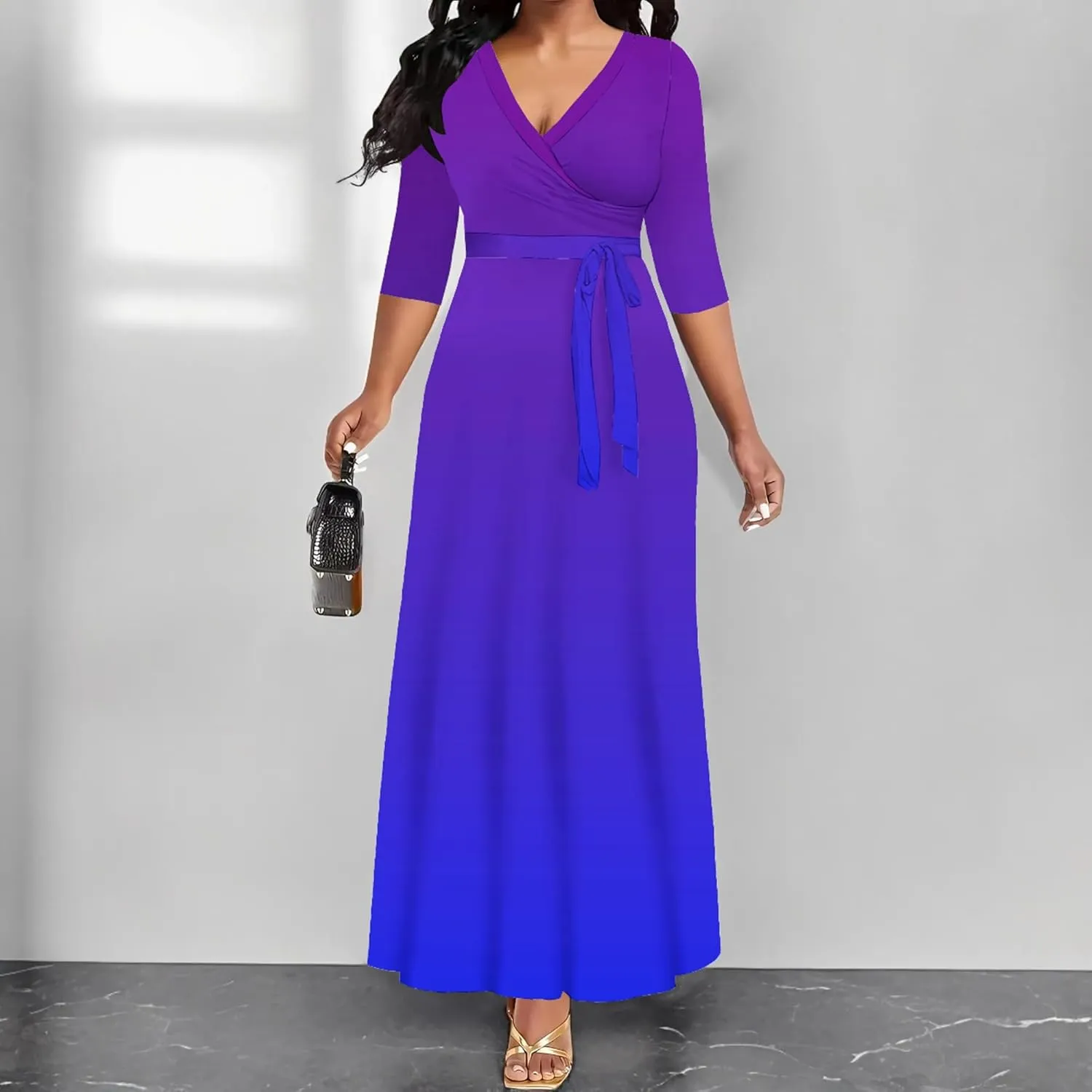 Casual Maxi Dresses for Women 2024 V Neck Plus Size A Line Flowy Dress Trendy 3/4 Sleeve Printed Beach Floral Summer Sundress