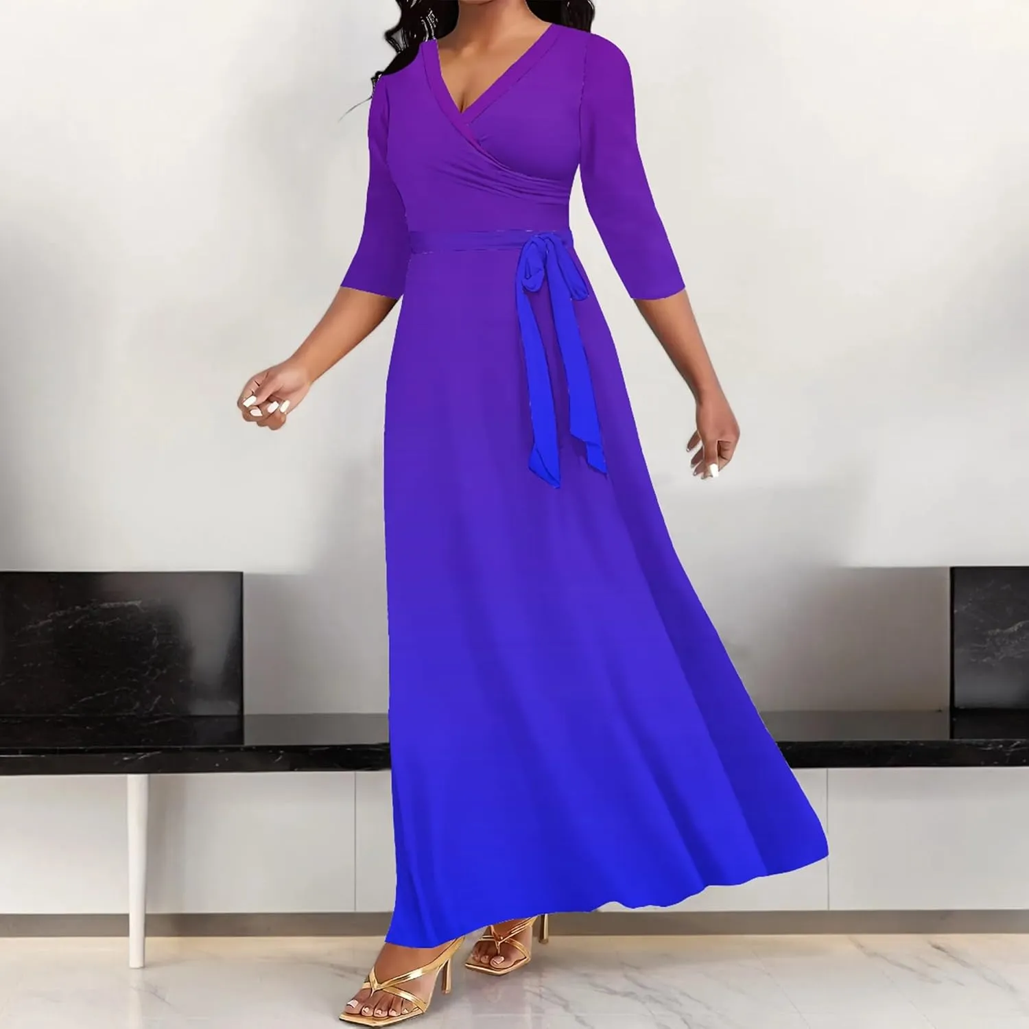 Casual Maxi Dresses for Women 2024 V Neck Plus Size A Line Flowy Dress Trendy 3/4 Sleeve Printed Beach Floral Summer Sundress