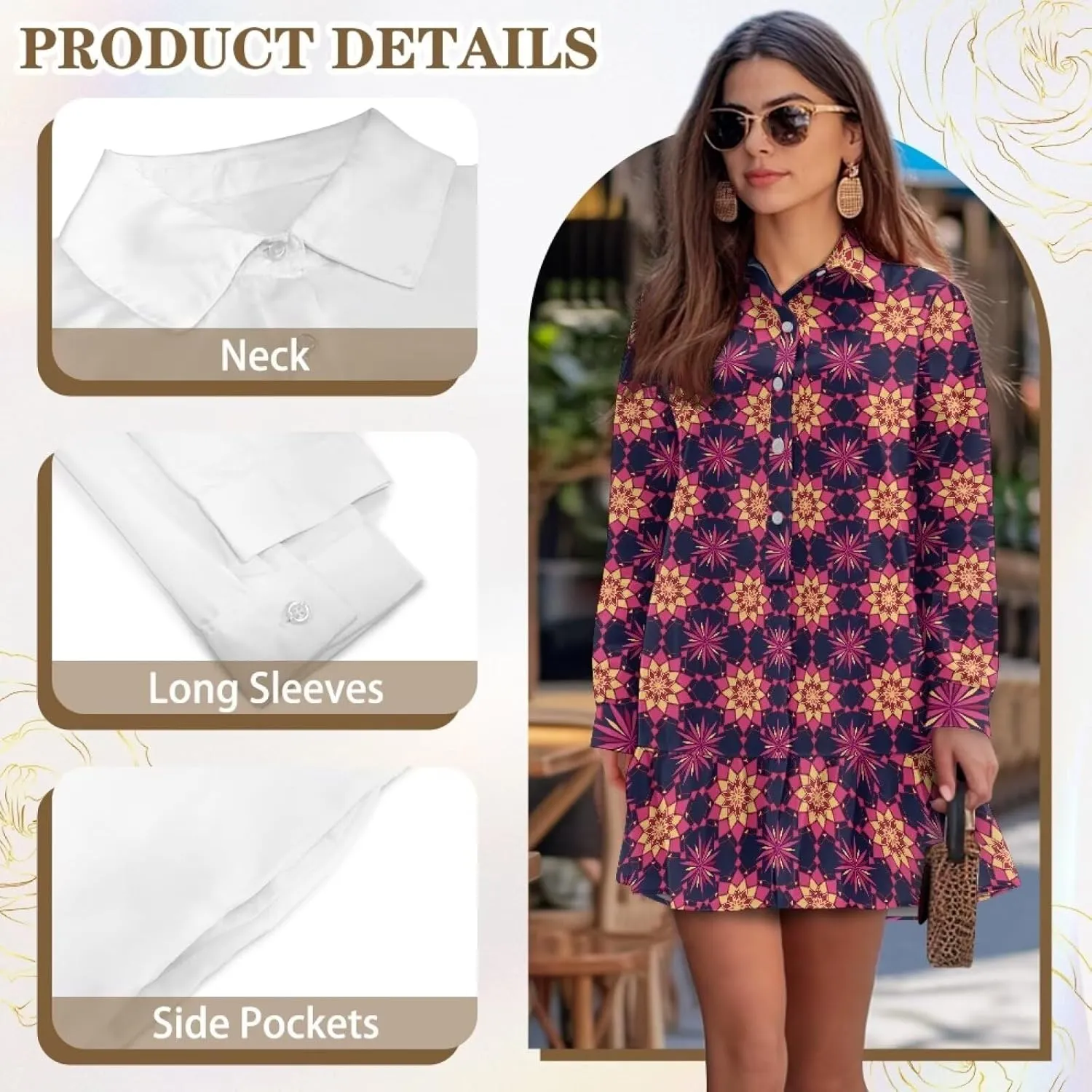 Casual Shirt Dress for Women Button Down Loose Fit Pleated Shift Mini Dress Drop Waist Long Sleeve A-Line Dresses