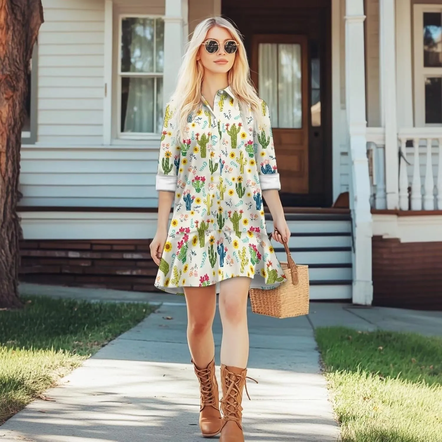 Casual Shirt Dress for Women Button Down Loose Fit Pleated Shift Mini Dress Drop Waist Long Sleeve A-Line Dresses