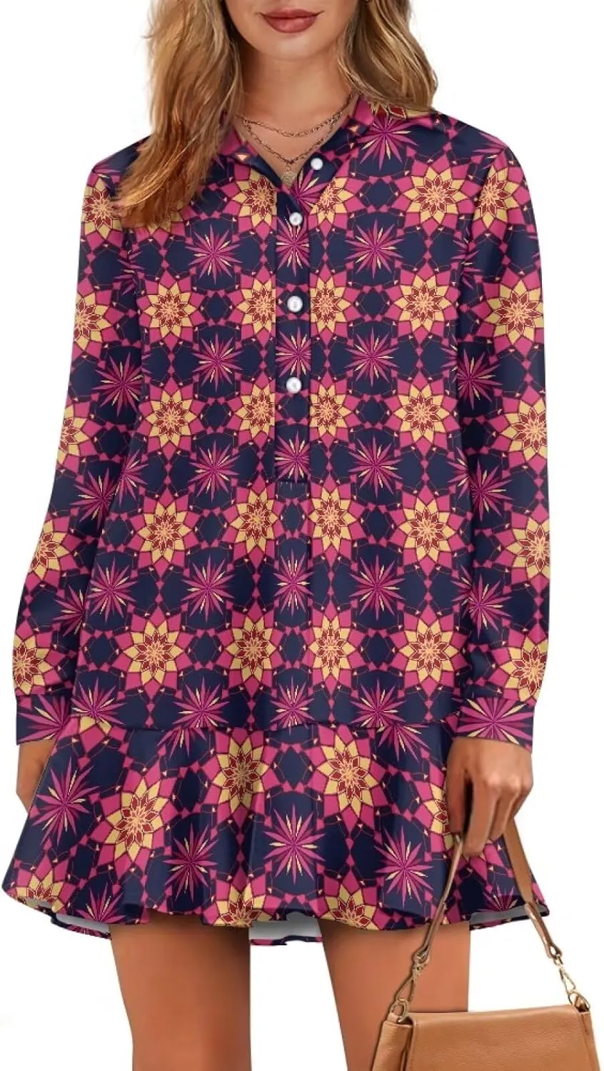 Casual Shirt Dress for Women Button Down Loose Fit Pleated Shift Mini Dress Drop Waist Long Sleeve A-Line Dresses