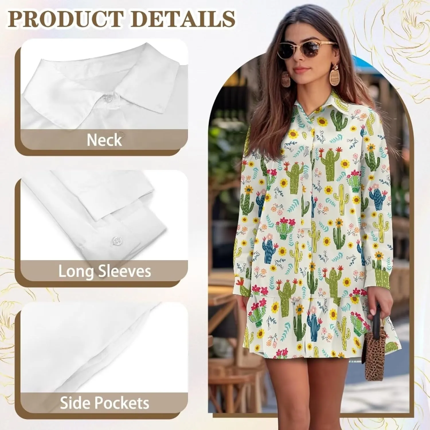 Casual Shirt Dress for Women Button Down Loose Fit Pleated Shift Mini Dress Drop Waist Long Sleeve A-Line Dresses