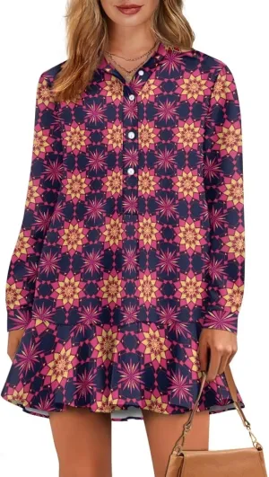 Casual Shirt Dress for Women Button Down Loose Fit Pleated Shift Mini Dress Drop Waist Long Sleeve A-Line Dresses