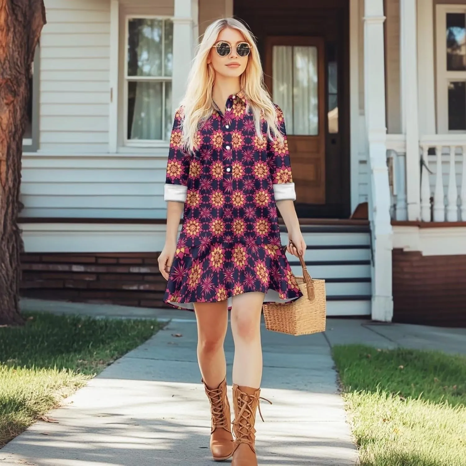 Casual Shirt Dress for Women Button Down Loose Fit Pleated Shift Mini Dress Drop Waist Long Sleeve A-Line Dresses