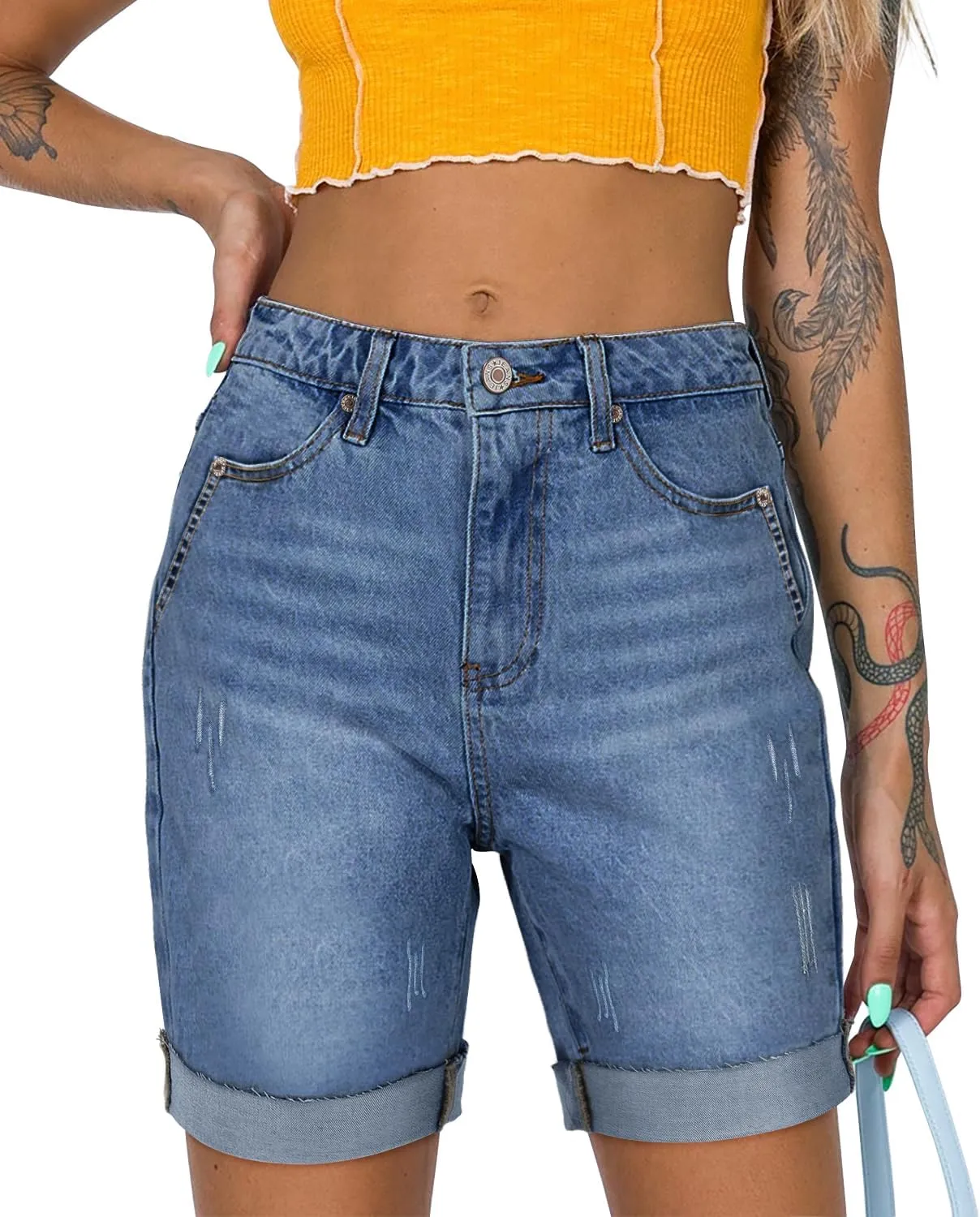 CHICZONE Womens Bermuda Jean Shorts Stretchy Mid Waisted Denim Shorts with Pockets