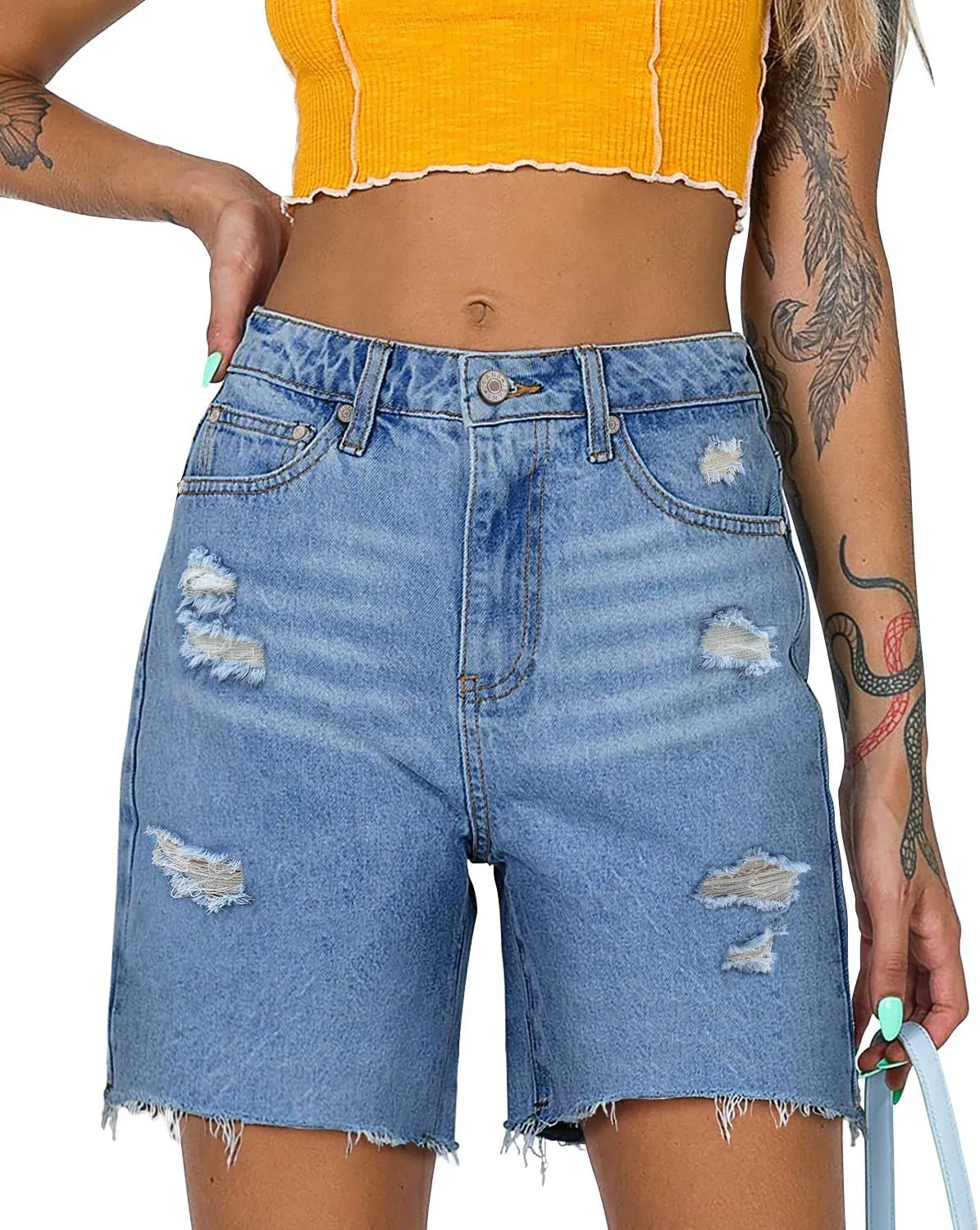 CHICZONE Womens Bermuda Jean Shorts Stretchy Mid Waisted Denim Shorts with Pockets