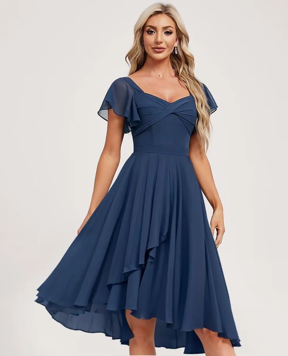 Chiffon Bridesmaid Dresses Short with Slit Flutter Sleeves Formal Evening Dress Hi014