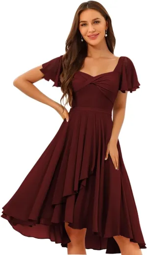 Chiffon Bridesmaid Dresses Short with Slit Flutter Sleeves Formal Evening Dress Hi014