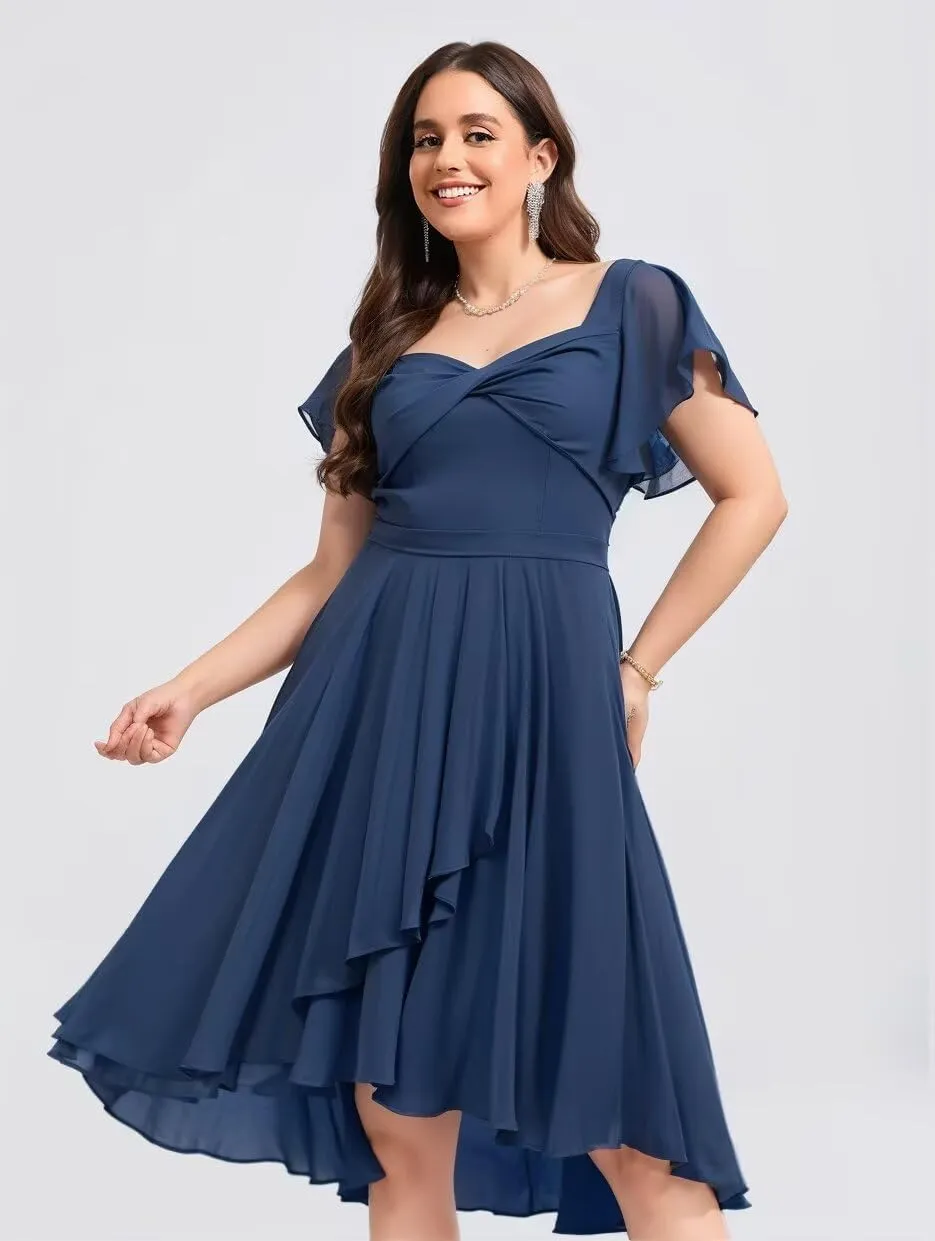 Chiffon Bridesmaid Dresses Short with Slit Flutter Sleeves Formal Evening Dress Hi014
