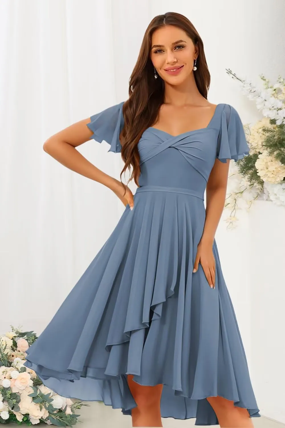 Chiffon Bridesmaid Dresses Short with Slit Flutter Sleeves Formal Evening Dress Hi014