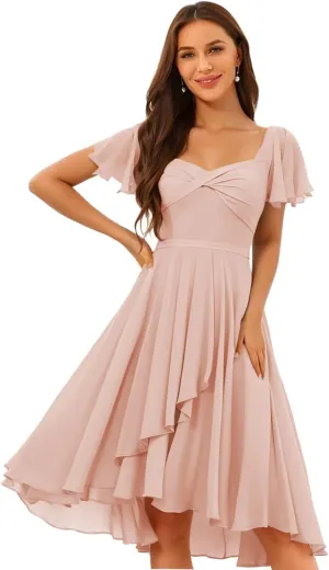 Chiffon Bridesmaid Dresses Short with Slit Flutter Sleeves Formal Evening Dress Hi014