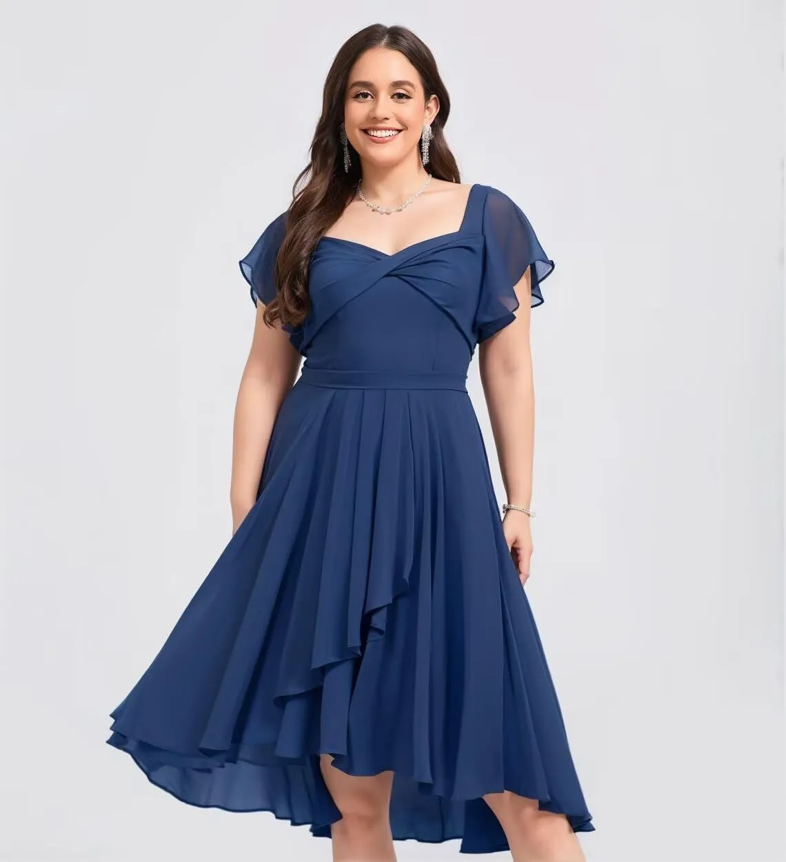 Chiffon Bridesmaid Dresses Short with Slit Flutter Sleeves Formal Evening Dress Hi014
