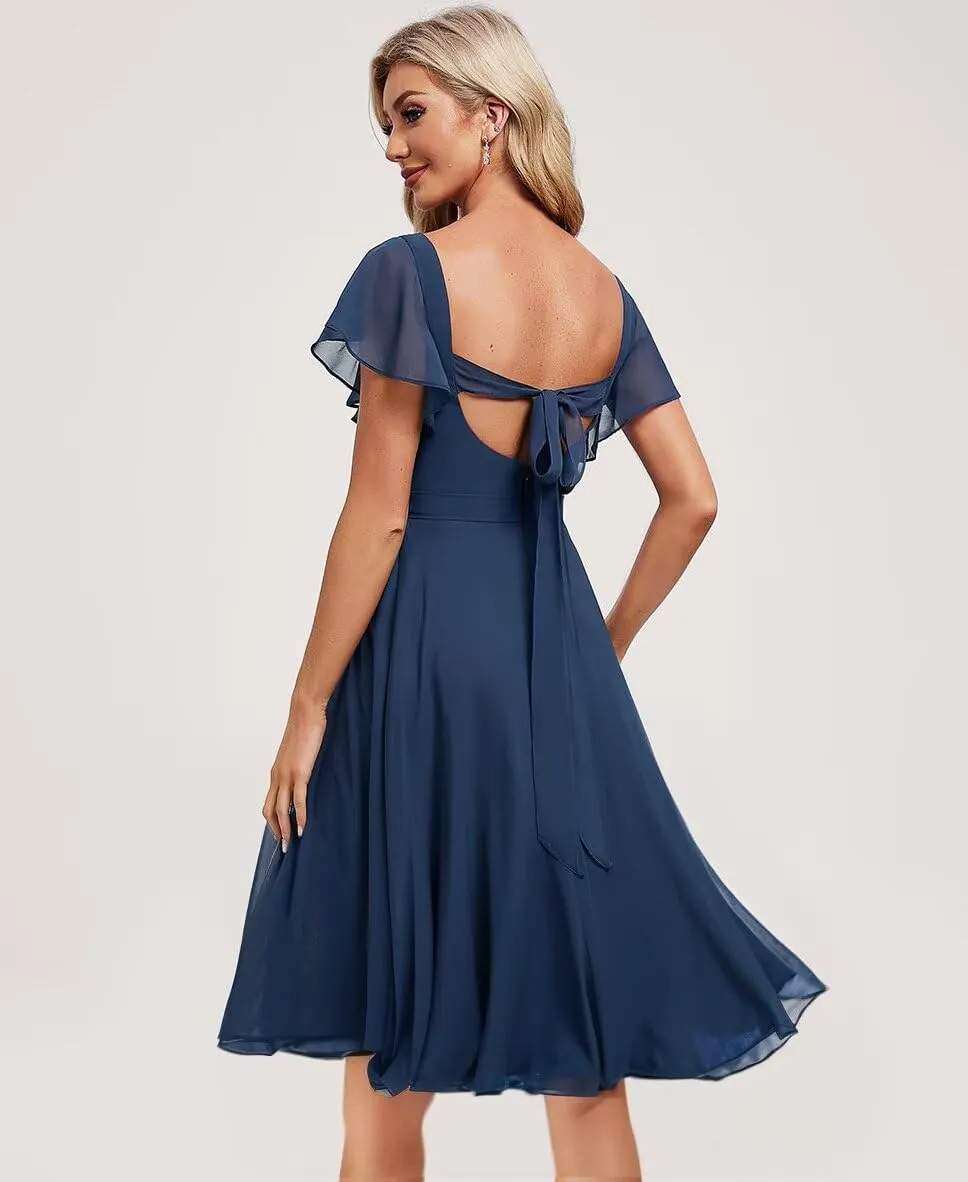 Chiffon Bridesmaid Dresses Short with Slit Flutter Sleeves Formal Evening Dress Hi014