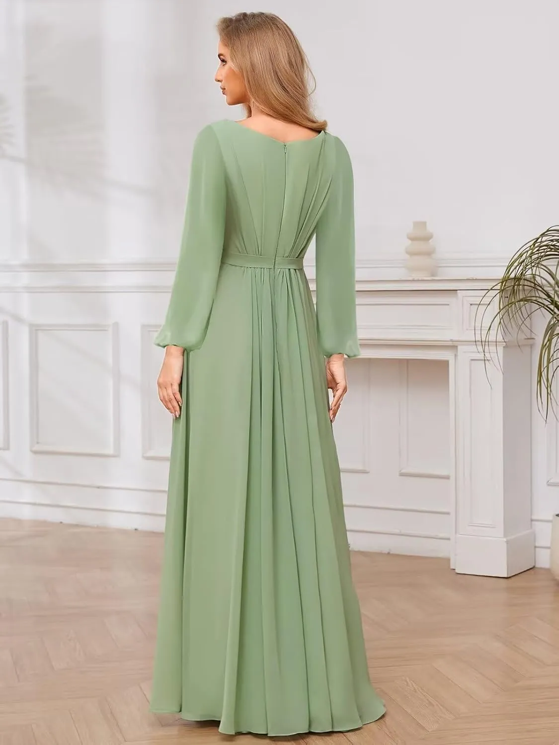 Chiffon Bridesmaid Dresses with Sleeves for Wedding Ruched Long Formal Evening Prom Dress