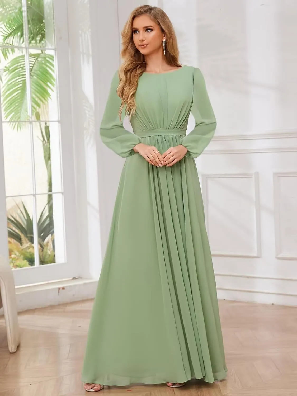 Chiffon Bridesmaid Dresses with Sleeves for Wedding Ruched Long Formal Evening Prom Dress