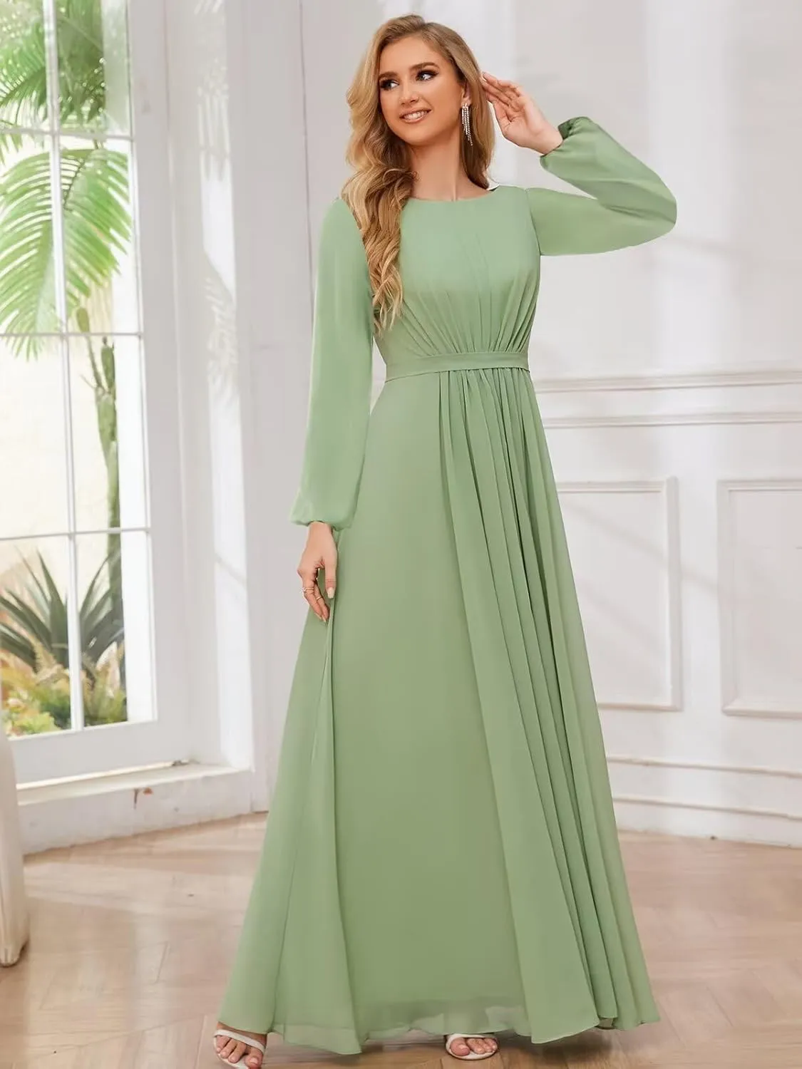 Chiffon Bridesmaid Dresses with Sleeves for Wedding Ruched Long Formal Evening Prom Dress