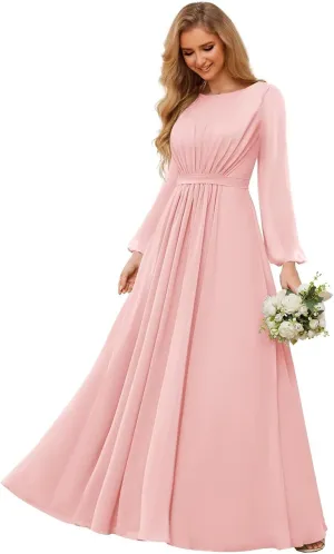 Chiffon Bridesmaid Dresses with Sleeves for Wedding Ruched Long Formal Evening Prom Dress