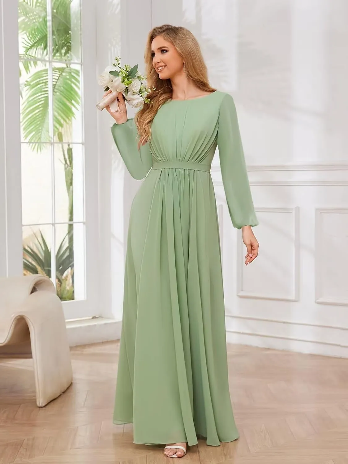 Chiffon Bridesmaid Dresses with Sleeves for Wedding Ruched Long Formal Evening Prom Dress