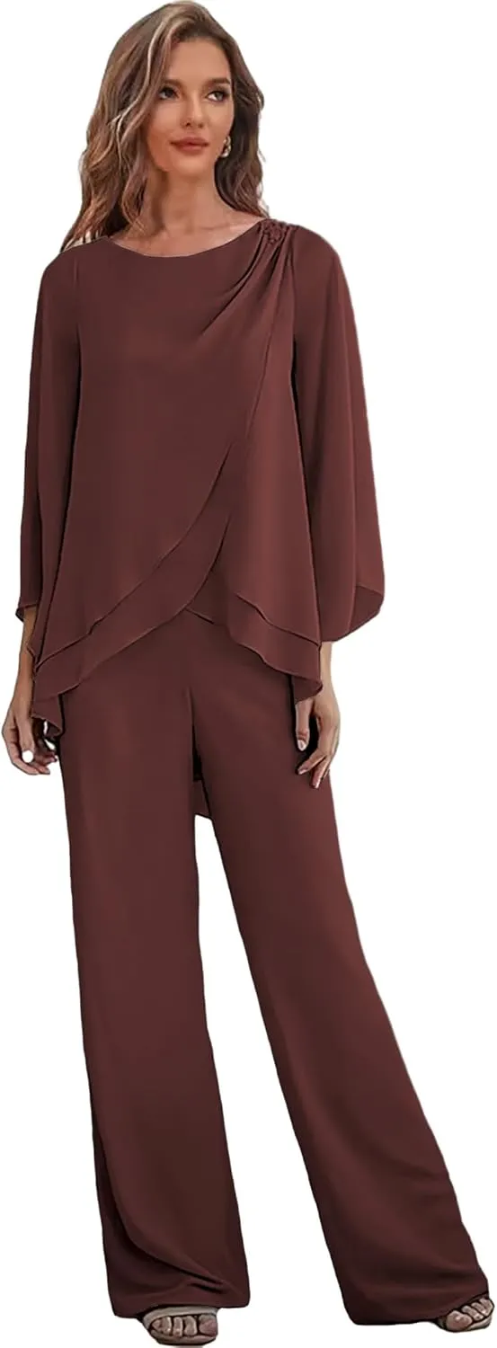 Chiffon Long Mother of The Bride Pant Suits for Wedding 2 Pieces Formal Dress with Sleeves Ruffle Outfit Set