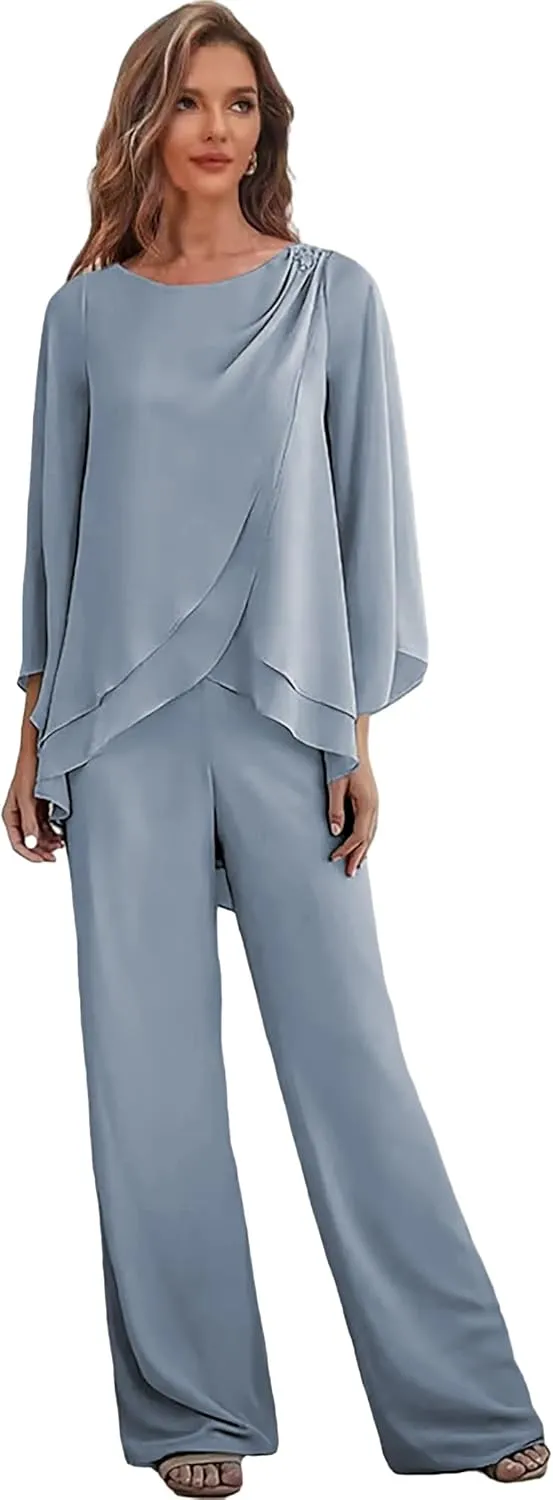 Chiffon Long Mother of The Bride Pant Suits for Wedding 2 Pieces Formal Dress with Sleeves Ruffle Outfit Set