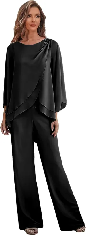 Chiffon Long Mother of The Bride Pant Suits for Wedding 2 Pieces Formal Dress with Sleeves Ruffle Outfit Set