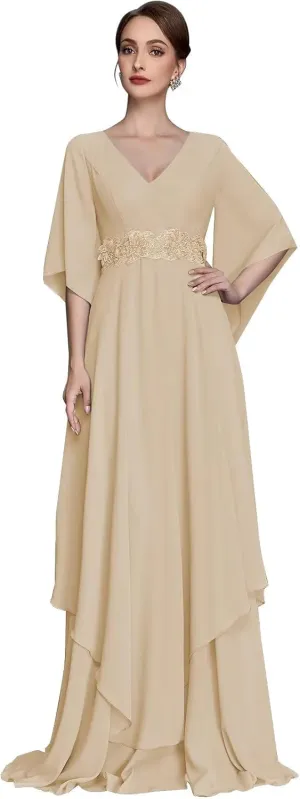 Chiffon Mother of The Bride Dresses for Wedding V Neck Half Sleeve Lace Applique Formal Prom Dress
