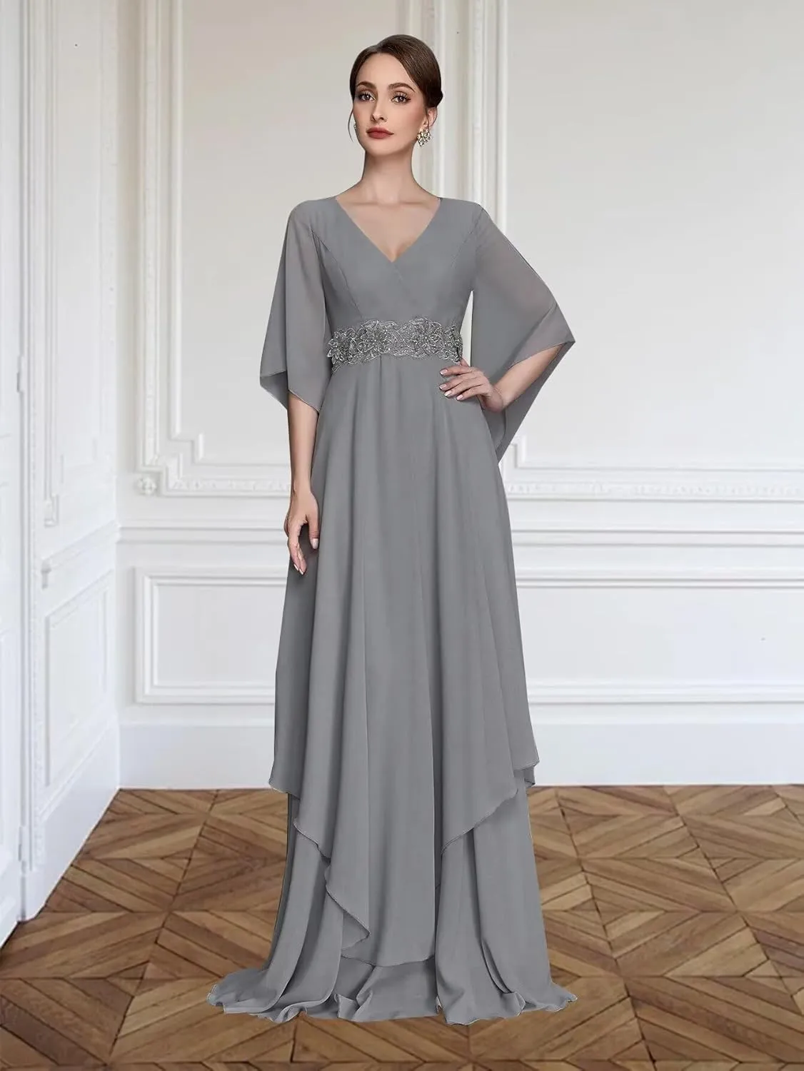 Chiffon Mother of The Bride Dresses for Wedding V Neck Half Sleeve Lace Applique Formal Prom Dress