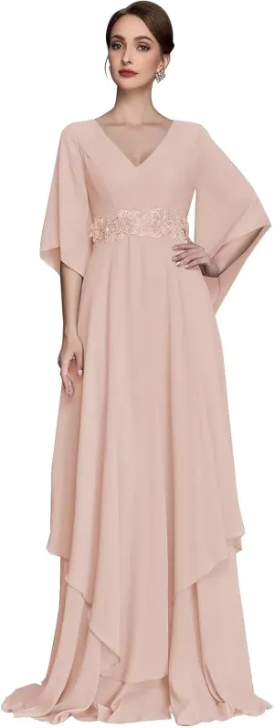 Chiffon Mother of The Bride Dresses for Wedding V Neck Half Sleeve Lace Applique Formal Prom Dress