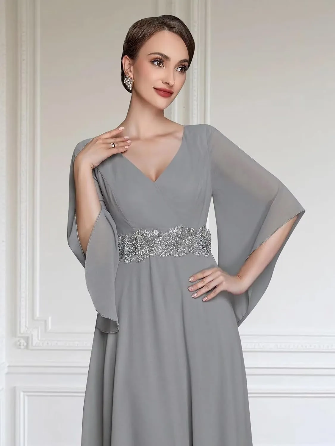 Chiffon Mother of The Bride Dresses for Wedding V Neck Half Sleeve Lace Applique Formal Prom Dress