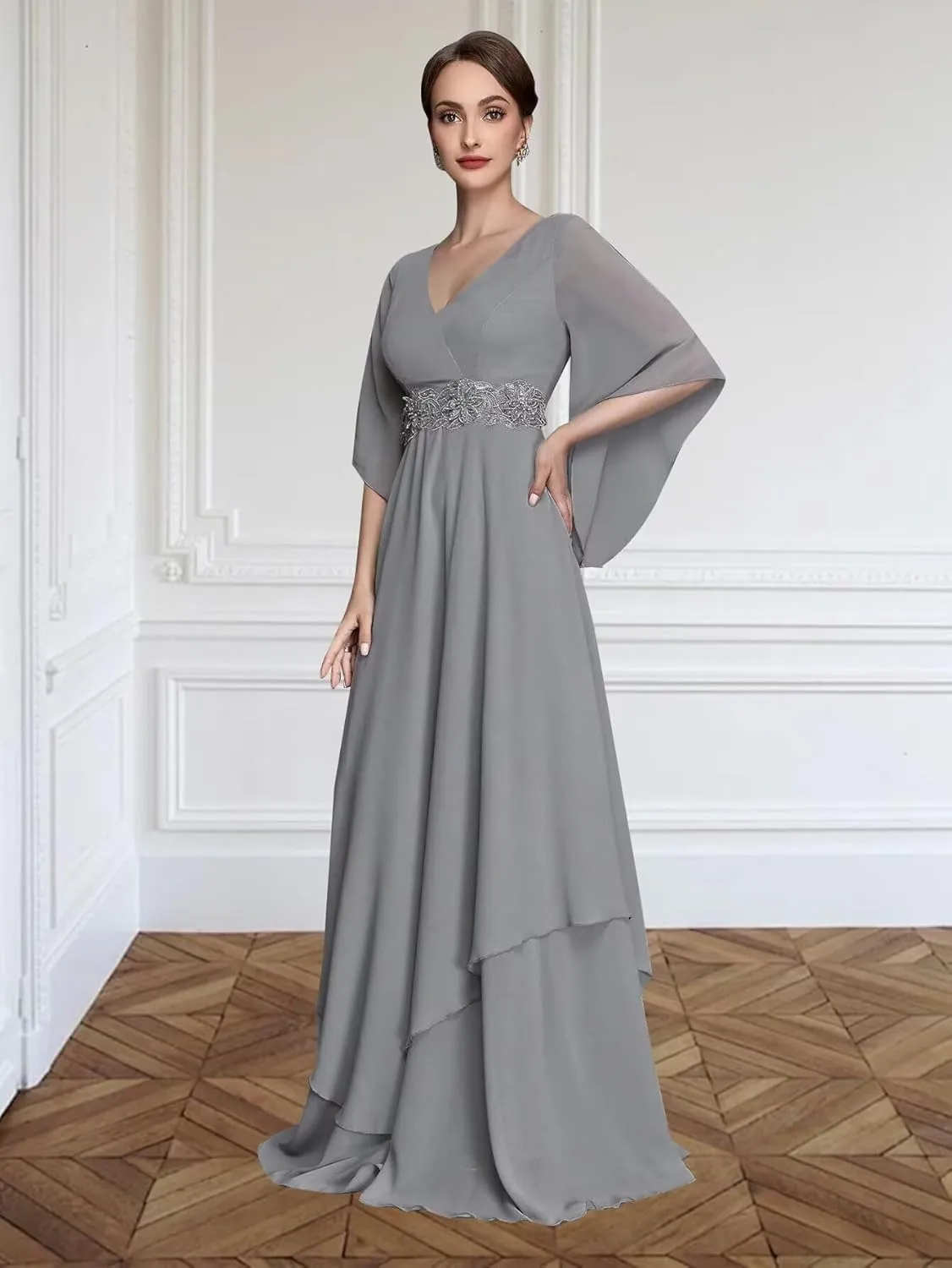 Chiffon Mother of The Bride Dresses for Wedding V Neck Half Sleeve Lace Applique Formal Prom Dress
