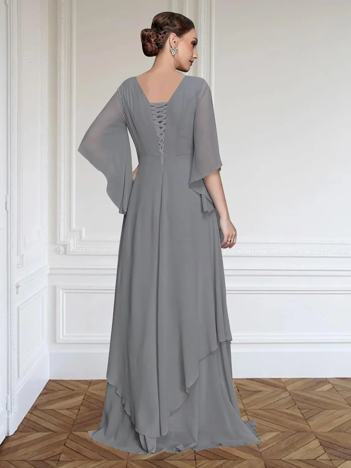 Chiffon Mother of The Bride Dresses for Wedding V Neck Half Sleeve Lace Applique Formal Prom Dress