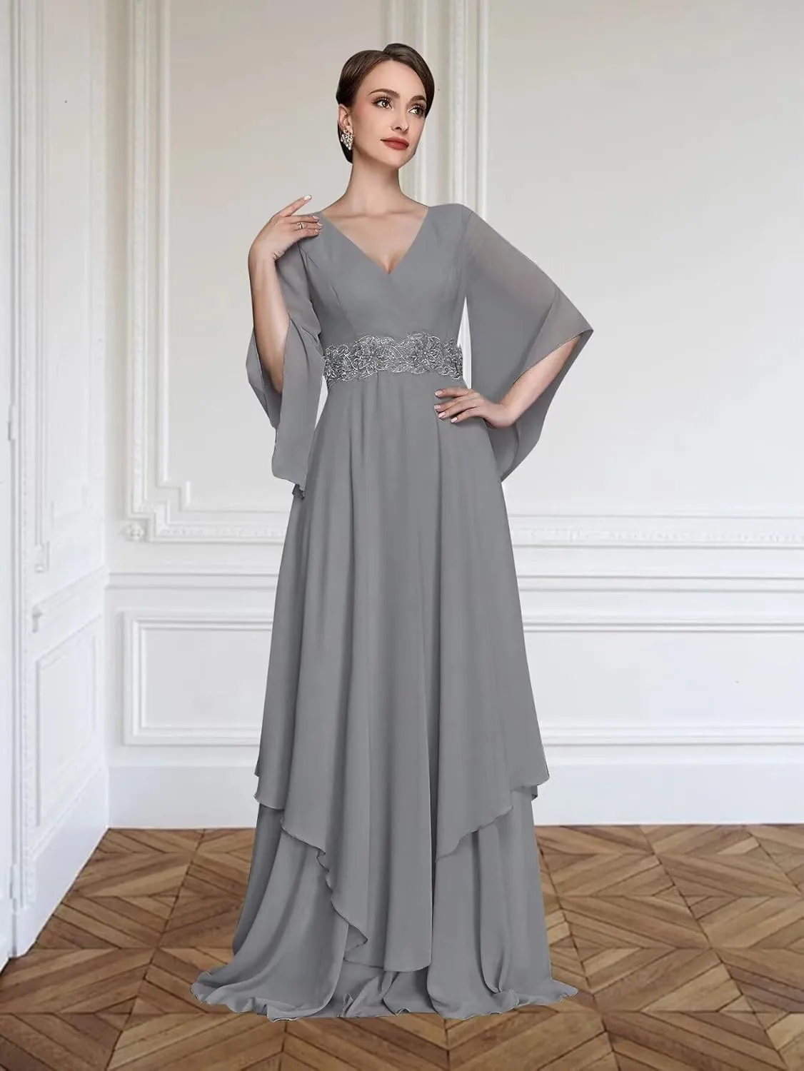 Chiffon Mother of The Bride Dresses for Wedding V Neck Half Sleeve Lace Applique Formal Prom Dress
