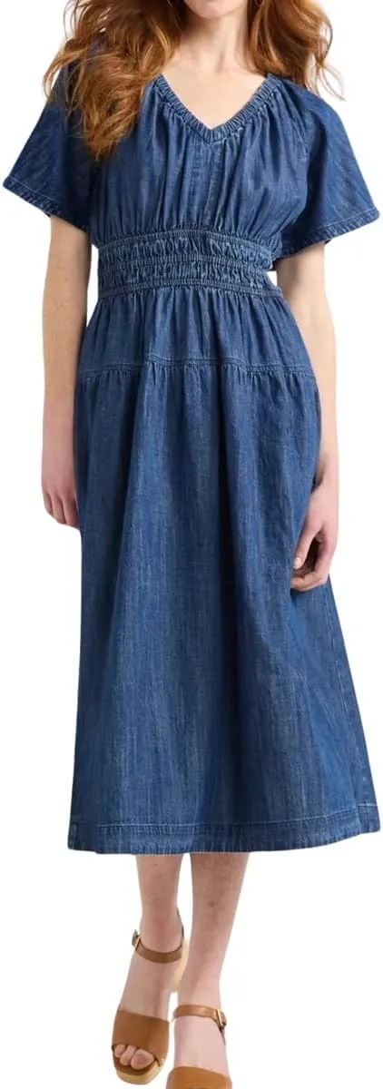 chouyatou Women's Summer Boho V-Neck Midi Long Dress Cotton Linen Short Sleeve Business Casual Shirt Dress