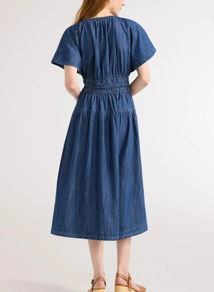 chouyatou Women's Summer Boho V-Neck Midi Long Dress Cotton Linen Short Sleeve Business Casual Shirt Dress