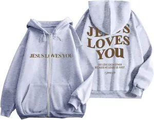 Christian Sweatshirt Women Jesus Loves You Hoodie Oversized Jesus Faith Pullover Inspirational Long Sleeve Tops