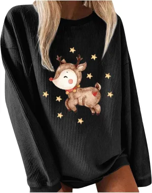 Christmas Sweatshirts Christmas Print Long Sleeved Crew Neck Hoodie Plus Size Womens Sweatshirts Glitter Christmas S