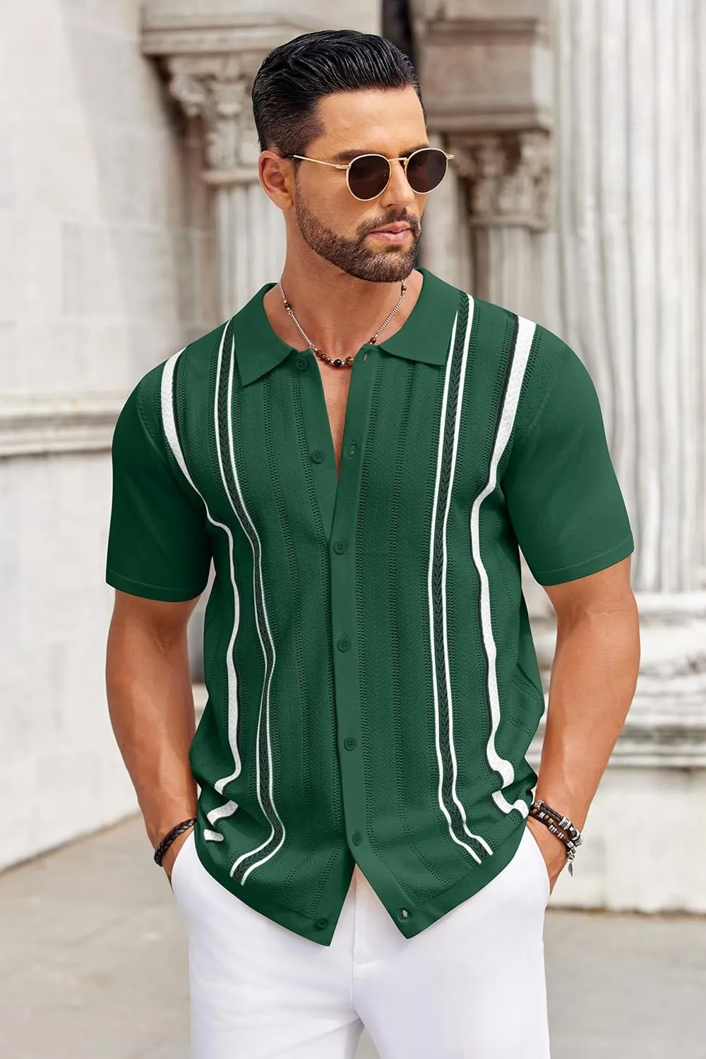 COOFANDY Knit Shirts for Men Casual Short Sleeve Button Down Shirts Summer Beach Stretch Fit Collared Shirts