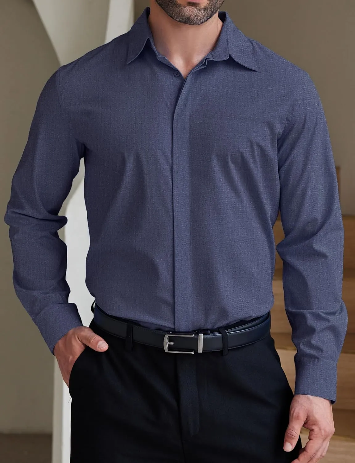 COOFANDY Men's Formal Dress Shirt Hidden Button Front Wrinkle Free Shirt Regular Fit Stretch Business Casual Shirts