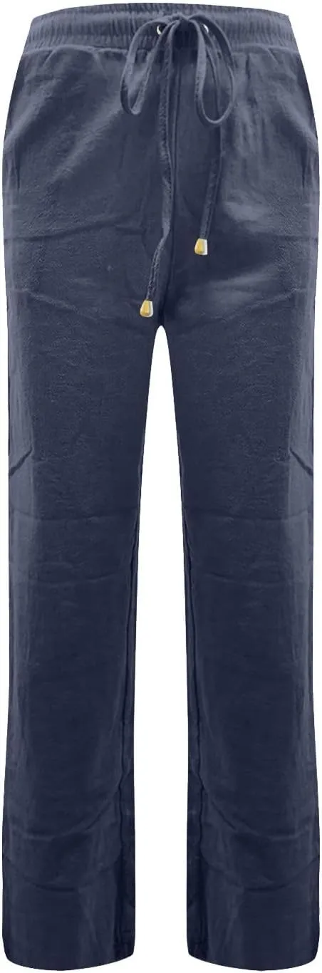 Cotton Linen Pants for Women Straight Leg Drawstring Long Trouser Loose Fit High Waist Beach Pants with Pockets