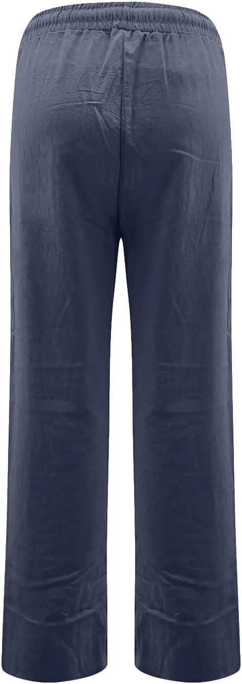 Cotton Linen Pants for Women Straight Leg Drawstring Long Trouser Loose Fit High Waist Beach Pants with Pockets
